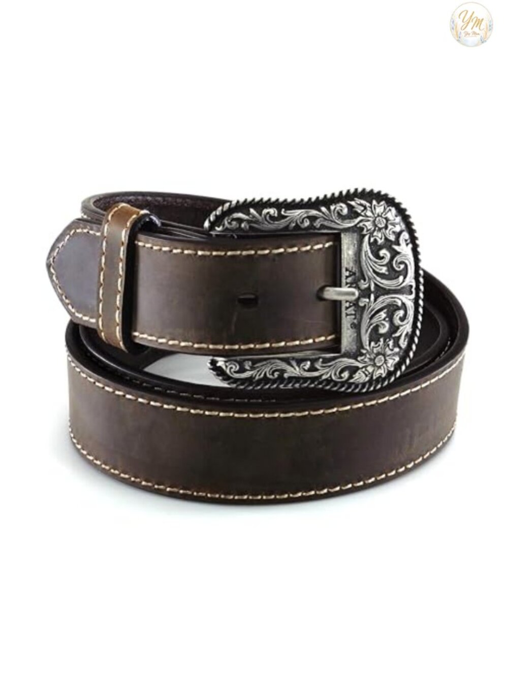 Genuine Leather Heavy Stitched Western Belt Silver-Tone Buckle